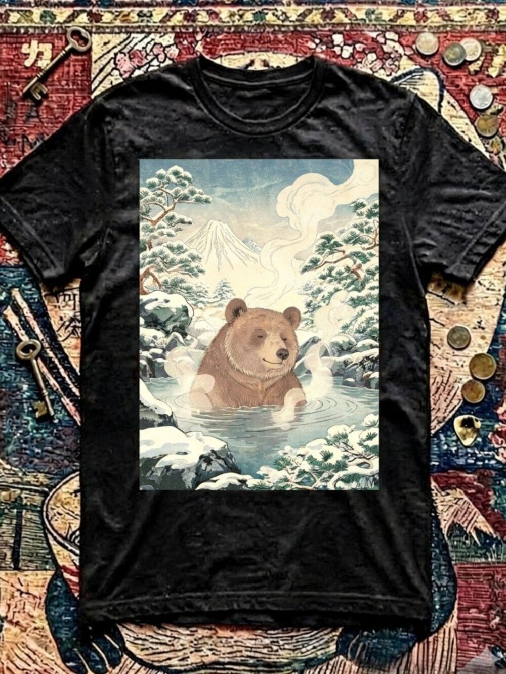 Vintage Japanese Onsen Bear Graphic T-shirt Unisex Y2K Nature Anime Tee